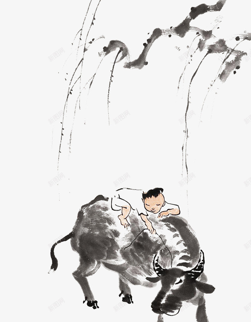 骑牛的小孩png免抠素材_新图网 https://ixintu.com 卡通骑牛人物 国画牛 春天 水墨画 清明 清明节 清明节插画 牧童 黑白稿