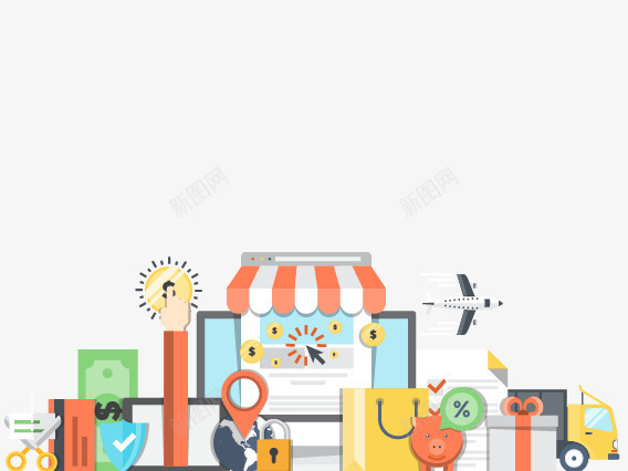 商店矢量图eps免抠素材_新图网 https://ixintu.com 位置 商店 扁平化 汽车 电子商务 矢量图 礼盒 线下店铺 购物袋 飞机