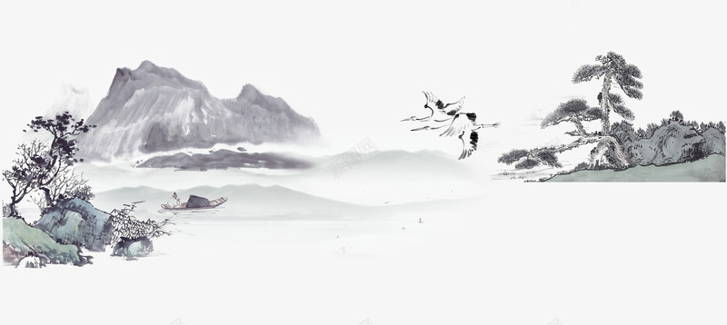 青色水墨山水国画png免抠素材_新图网 https://ixintu.com 中国风 古画山水 山水画 水墨画 白鹤 白鹤图 群山环绕