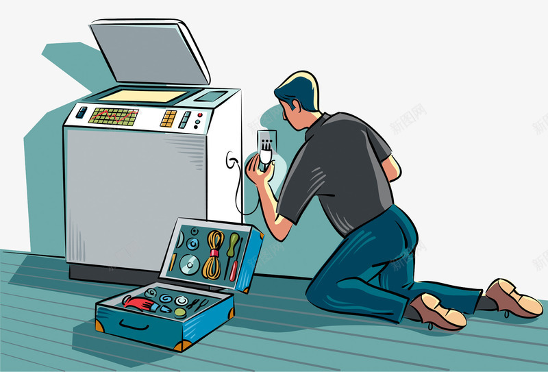 洗衣机维修工人psd免抠素材_新图网 https://ixintu.com 安装工 工具箱 插画 洗衣机 维修