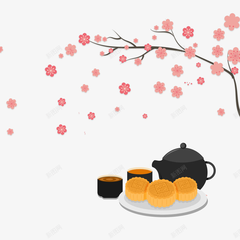 中秋节海报物品psd免抠素材_新图网 https://ixintu.com 中秋节 传统节日 平面设计 月饼 梅花 节日 节日海报 茶壶