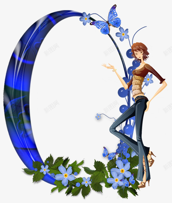 蓝色椭圆边框png免抠素材_新图网 https://ixintu.com 女孩装饰边框 椭圆边框 相框 蓝色花 蓝色蝴蝶装饰边框