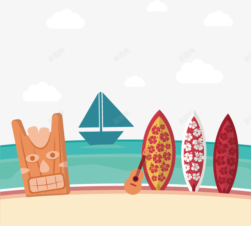 手绘沙滩上插着冲浪板png免抠素材_新图网 https://ixintu.com 冲浪板 手绘 沙滩
