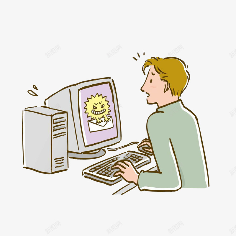 卡通惊慌男子收到病毒邮件的电脑png免抠素材_新图网 https://ixintu.com 不安 卡通惊慌男子收到病毒邮件的电脑素材免费下载 台式电脑 惊慌害怕 惊慌男子 担忧表情 电脑前的人 病毒邮件