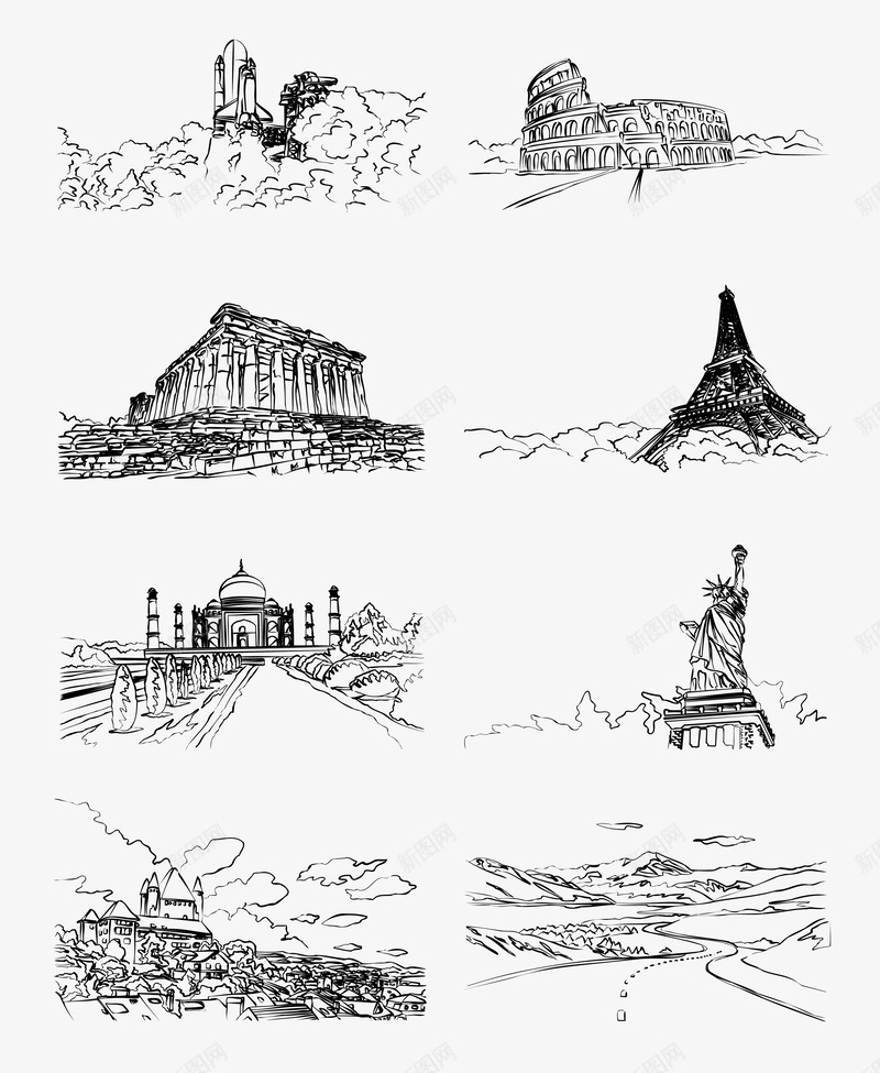 世界名胜古迹线稿png免抠素材_新图网 https://ixintu.com 世界 古迹 名胜 埃菲尔铁塔 泰姬陵 竞技场 线稿 自由女神像