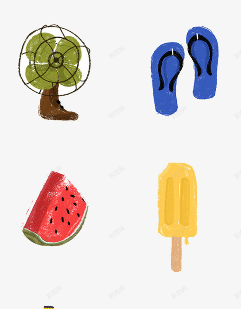 清新童年夏天元素png免抠素材_新图网 https://ixintu.com 人字拖 冰激凌 夏天 电风扇 西瓜
