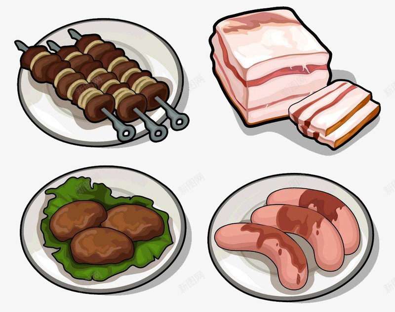卡通烤肉串与肉类美食插画素png免抠素材_新图网 https://ixintu.com 串串 卡通 卡通串串 烤肉 烤肉串 烧烤 美食 肉类 餐饮 香肠