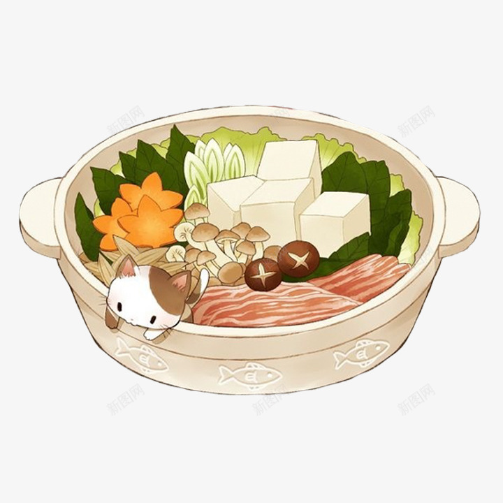白色砂锅手绘火锅png免抠素材_新图网 https://ixintu.com 小猫咪 手绘 火锅 绘画 美食 胡萝卜 豆腐 香葱