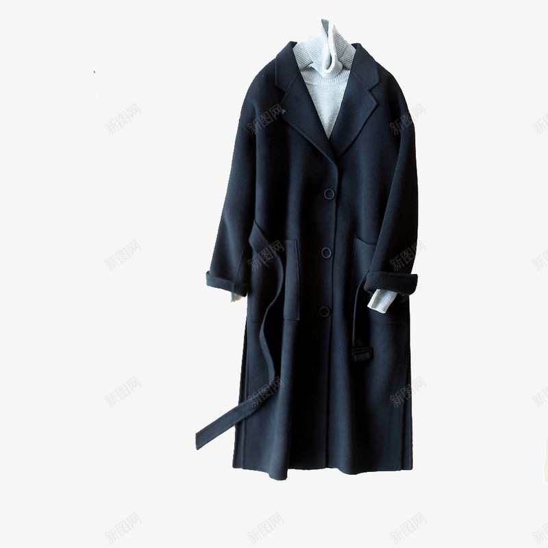 中长款毛呢大衣psd免抠素材_新图网 https://ixintu.com 外贸 系带 绒羊毛西装领圆环单排扣 羊毛呢子大衣