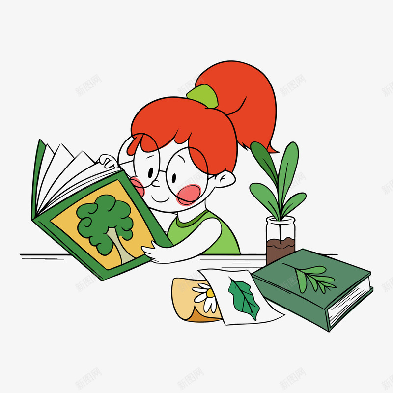 学习养植物的小朋友矢量图ai免抠素材_新图网 https://ixintu.com 书本 学习 戴眼镜的女生 植物 盆栽 绿叶 绿色 花卉 矢量图