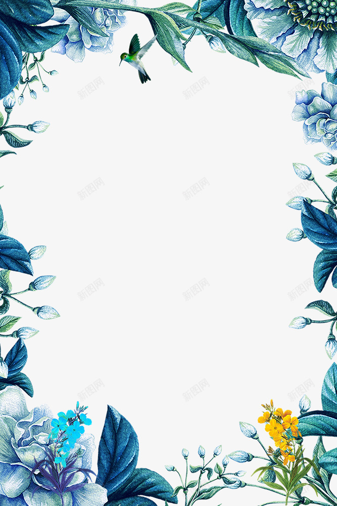 蓝色主题花草植物边框psd免抠素材_新图网 https://ixintu.com 叶子装饰边框 小清新 手绘画 手绘花草 树叶边框 植物边框 花朵边框 蓝色主题