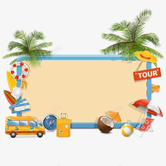 度假夏威夷之旅png免抠素材_新图网 https://ixintu.com 度假村 报幕板 指南针 旅游底纹 椰子树 椰子汁 汽车 行李箱 遮阳伞