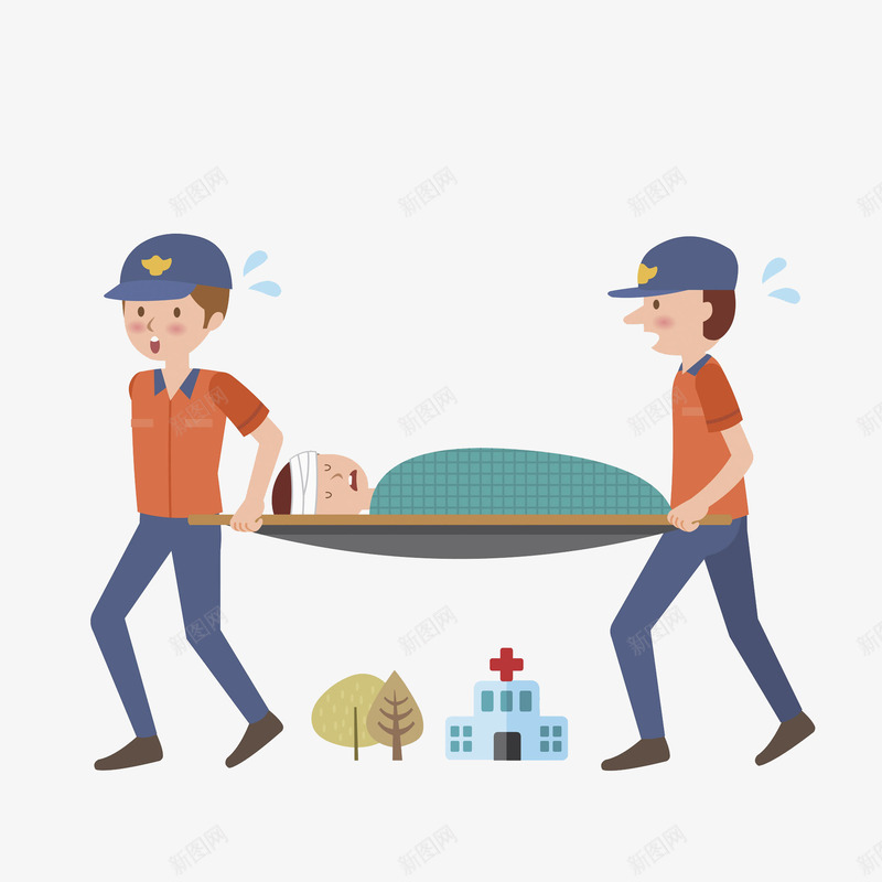 卡通抬担架的医护人员png免抠素材_新图网 https://ixintu.com 医护人员 医院 受伤 手绘 担架 插图 男人 病人