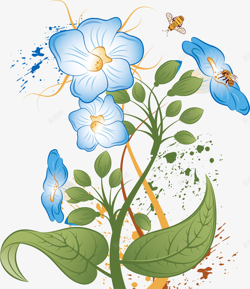 花丛中飞舞的蜜蜂矢量图ai免抠素材_新图网 https://ixintu.com 好看 植物 绿叶 花丛 蓝色 蜜蜂 飞舞 鲜花 矢量图