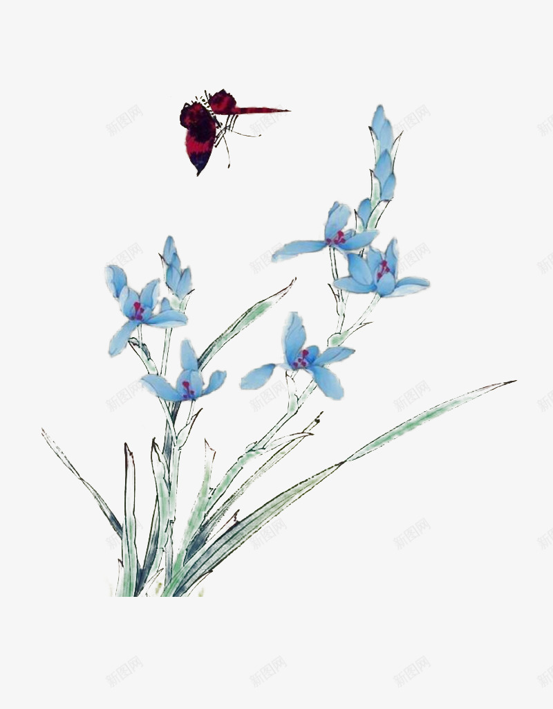 幽幽兰草png免抠素材_新图网 https://ixintu.com 中国风 兰花 古风 水墨 蓝色 蝴蝶