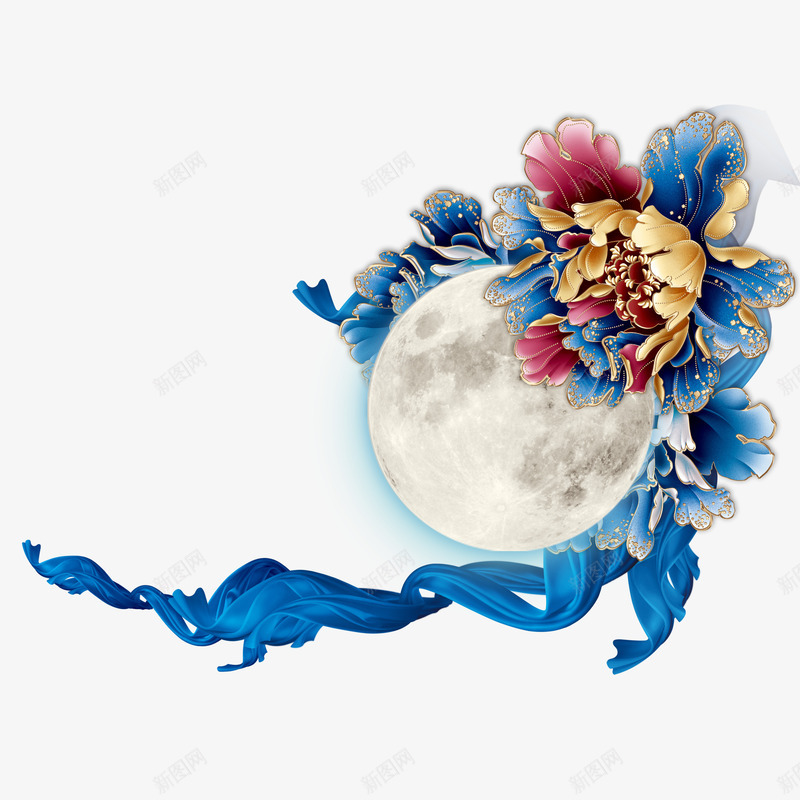 中秋psd免抠素材_新图网 https://ixintu.com 中秋节 彩带 月亮 牡丹