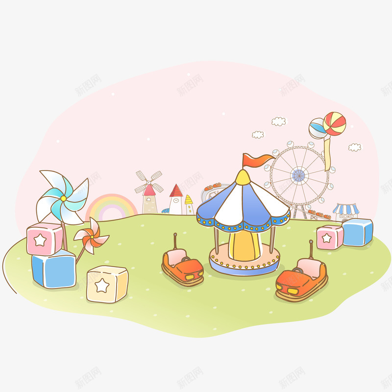 手绘卡通游乐园的风景矢量图ai免抠素材_新图网 https://ixintu.com 卡通 手绘 游乐园 游玩 风景设计 矢量图