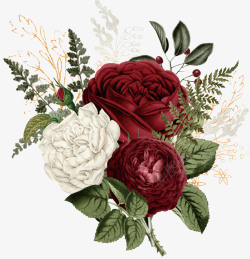 文艺复古家具手绘复古红色花卉植物矢量图高清图片