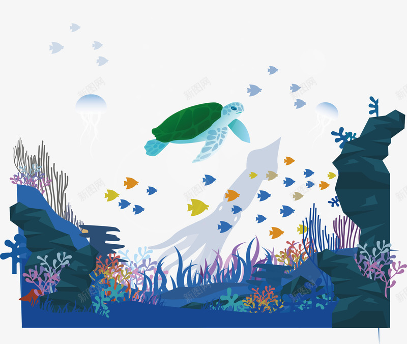 手绘海底世界png免抠素材_新图网 https://ixintu.com 手绘 海底世界 海龟