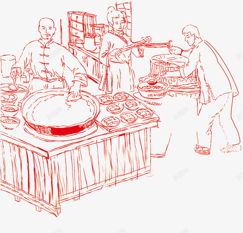 古代做豆腐线稿png免抠素材_新图网 https://ixintu.com 做豆腐 古代 古代制作豆腐流程图 红色 线稿