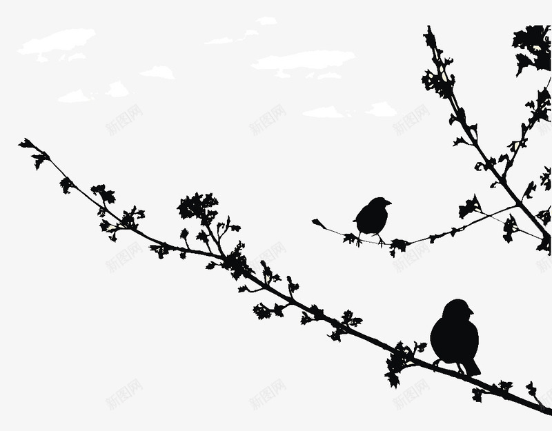 树枝枝芽与小鸟剪影图标png_新图网 https://ixintu.com 剪影 小鸟 枝芽 树叶 树枝 树枝装饰插图 黑色 黑色剪影
