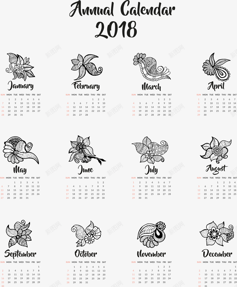 2018年十二月日历模板png免抠素材_新图网 https://ixintu.com 12种花朵 2018年日历 2018年日历模板 2018挂历 2018挂历模板 矢量png 花朵日历模板