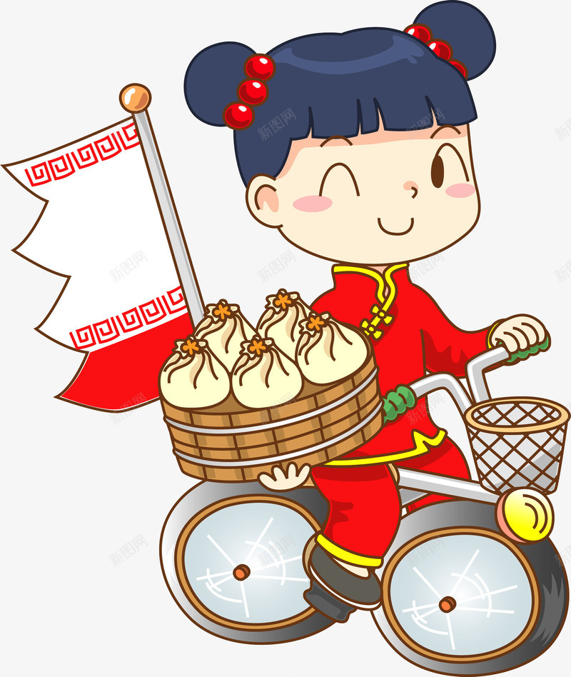 送外卖的女孩图png免抠素材_新图网 https://ixintu.com 包子 外卖 小女孩 微笑 旗子 美食 自行车 食物