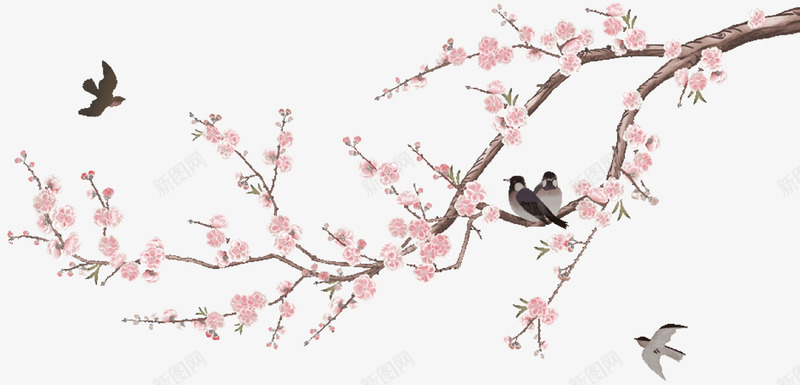 手绘复古梅花鸟儿png免抠素材_新图网 https://ixintu.com 一枝梅 九九消寒图冬 传统美 复古风 浪漫 粉色梅花 花中君子 鸟儿