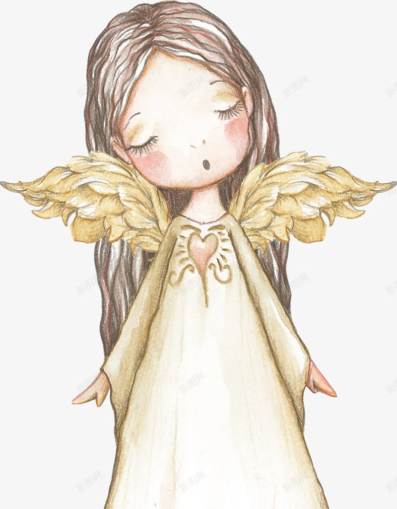 手绘卡通翅膀女孩png免抠素材_新图网 https://ixintu.com 天使 巧克力女孩 带翅膀的女孩 长裙子女孩 闭眼睛