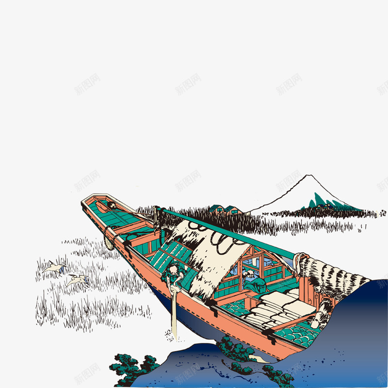 复古风海滩png免抠素材_新图网 https://ixintu.com 古风船 复古 底纹 水墨 沙滩 海滩 船