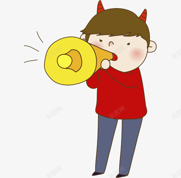 对着喇叭说话的女孩png免抠素材_新图网 https://ixintu.com 卡通 喇叭 手绘 棕色的头发 生气 红色 蓝色的裤子 黄色