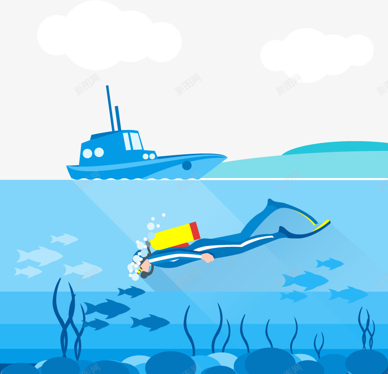 深海潜水png免抠素材_新图网 https://ixintu.com 海洋 深海 潜水 潜水员 矢量素材 轮船