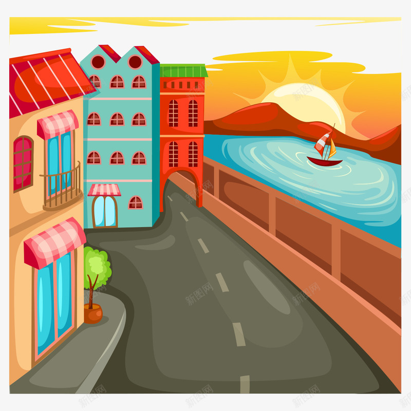 绚丽城市风景png免抠素材_新图网 https://ixintu.com 城市 太阳 帆船 建筑 房屋 手绘街 日出 海景房 温馨 绚丽 绿树 街道 魅力城市