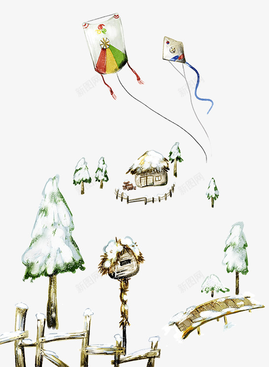 手绘梦幻郊外雪景风景插画psd免抠素材_新图网 https://ixintu.com 手绘卡通房屋 手绘小木桥 手绘栅栏 梦幻雪景插画 郊外雪景风光 雪地 雪地风光