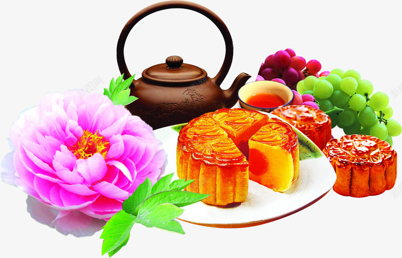 中秋节月饼茶壶花朵png免抠素材_新图网 https://ixintu.com 中秋节 月饼 花朵 茶壶