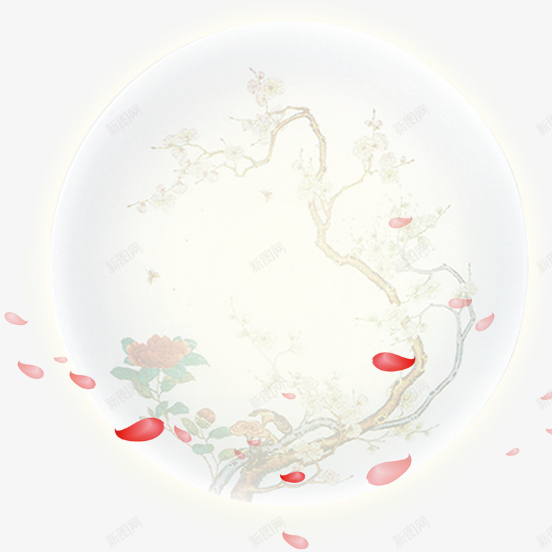中秋节月亮png免抠素材_新图网 https://ixintu.com 中国传统节日 古风七夕节 古风中秋节 古风桃树 古风灯笼 月亮 水彩桃树枝 粉色桃花插画