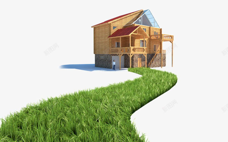 一栋别墅png免抠素材_新图网 https://ixintu.com 公寓 别墅 复式建筑 建筑设计 房子素材 竹屋 绿色草坪