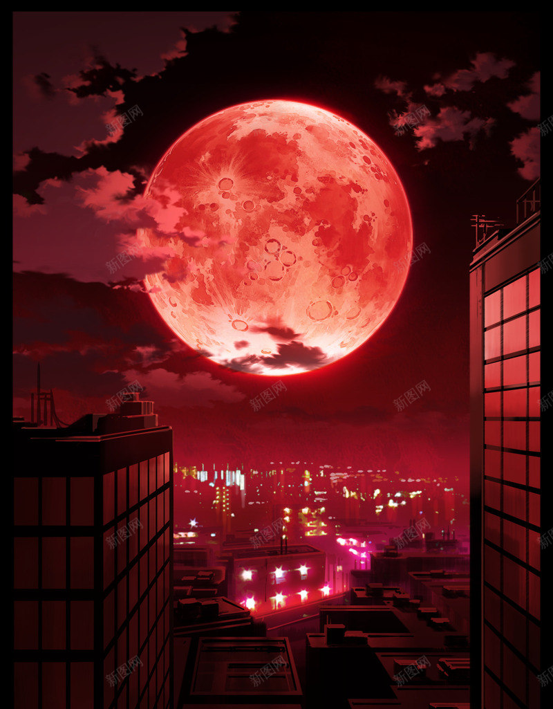 鲜红的月亮动漫插画png设计背景_新图网 https://ixintu.com 动漫海报 插画 月亮 鲜红