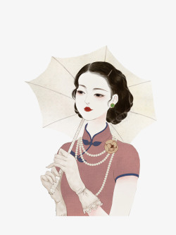 女人手绘人物穿旗袍撑着伞的美女高清图片