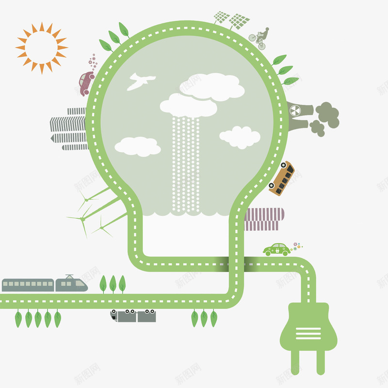 绿色灯泡png免抠素材_新图网 https://ixintu.com 公路 创意 城市 树木 水彩 灯泡 电灯 绿色 节能灯
