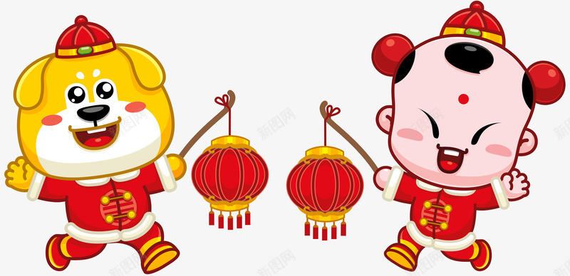 童子金狗拜年手绘灯笼png免抠素材_新图网 https://ixintu.com 2018 手绘 拜年 狗年大吉 童子金狗