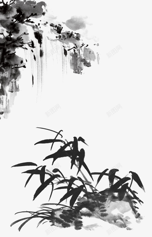 水墨中国风山间瀑布兰花png免抠素材_新图网 https://ixintu.com 中国风 兰花 古画山水 国画装饰 山水画 山间瀑布 水墨山水