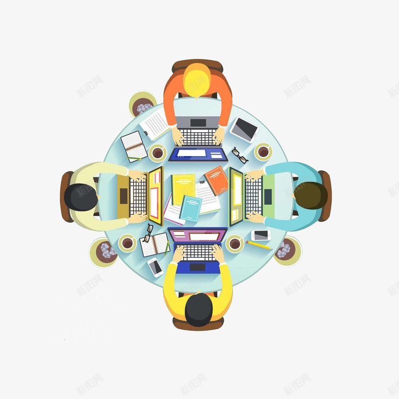 卡通组队讨论小组工作的人png免抠素材_新图网 https://ixintu.com 商讨 坐着的人 垃圾桶 小组工作会议 笔记本电脑 组队讨论