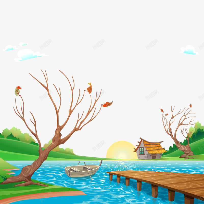 湖边美丽场景矢量图eps免抠素材_新图网 https://ixintu.com 小船 木屋 树叶 树枝 桥 湖水 湖边 美丽场景 矢量图