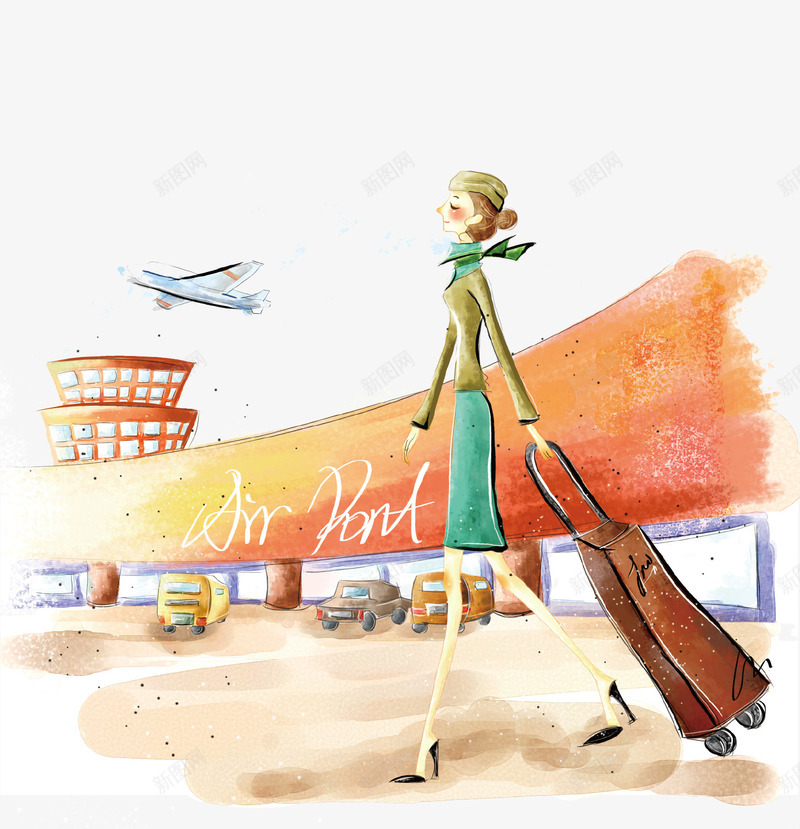 手绘旅行的少女插画psd免抠素材_新图网 https://ixintu.com 出行 少女 手绘 插画 旅行 沙滩 海报 行李箱