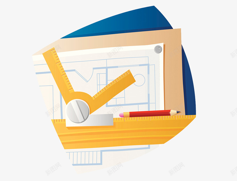 现代工程图纸插画png免抠素材_新图网 https://ixintu.com 圆规 标尺刻度 线稿 设计图 铅笔 黄色