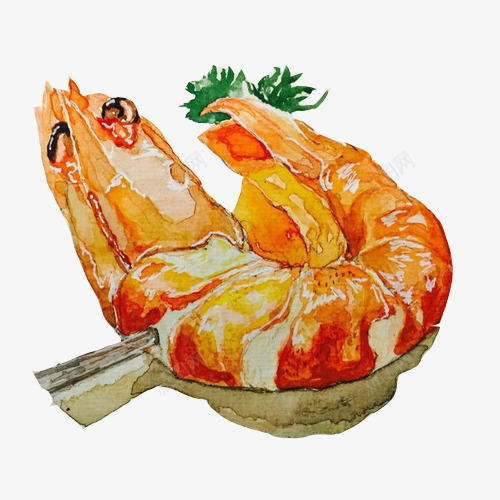 烤虾水彩画片psd免抠素材_新图网 https://ixintu.com 水彩食物画 河虾 虾子 食物 香菜 黄色