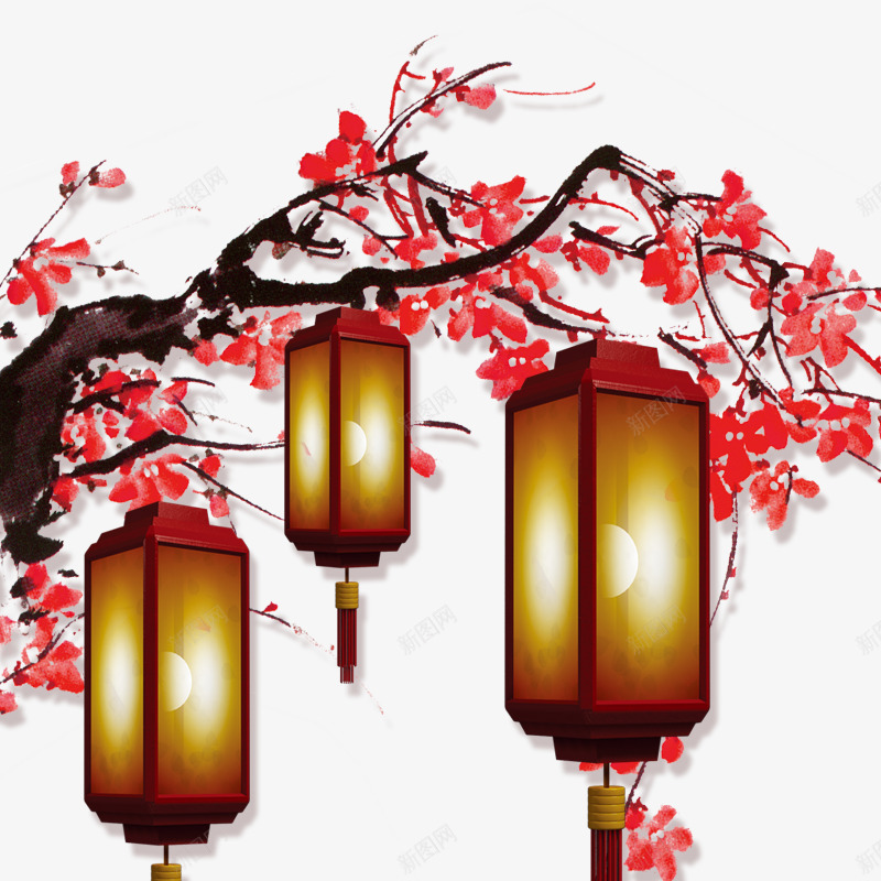 腊梅挂灯笼png免抠素材_新图网 https://ixintu.com 元宵节元素 元宵节素材 春节 灯笼 腊梅 节日素材 闹元宵