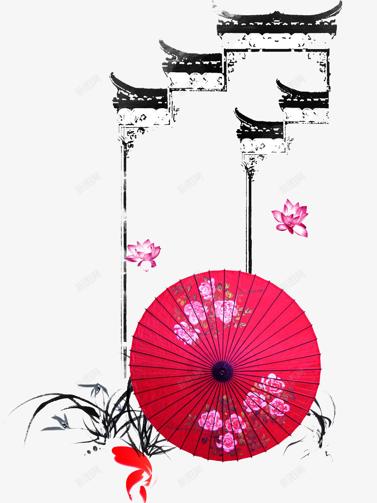 江南风景中国网png免抠素材_新图网 https://ixintu.com 屋檐 手绘 梅花 油纸伞 青墙黛瓦