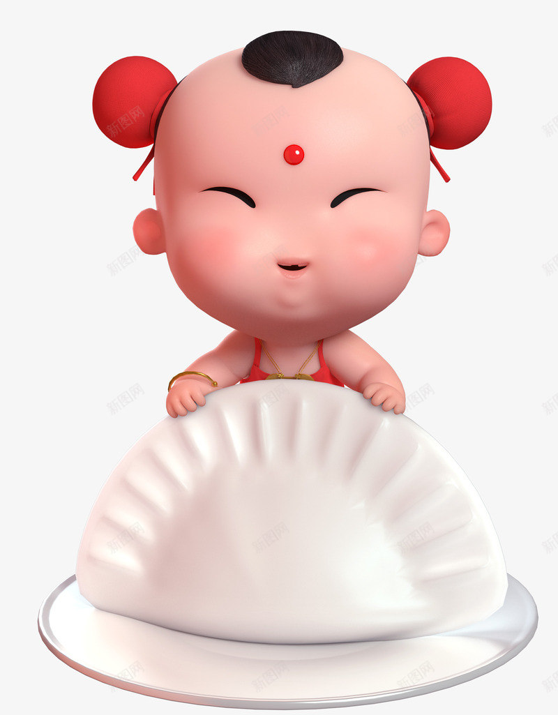 招财童子三维春节吃饺子png免抠素材_新图网 https://ixintu.com 中国风 喜庆 招财童子 春节